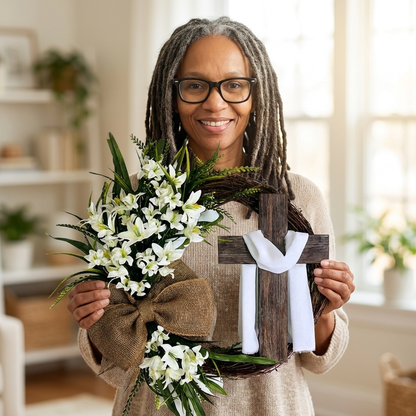 Michelle holding her handmade Christian wreath